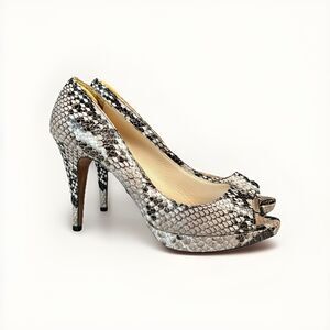 Prada Milano Heels Womens Size 38 / 7.5 Snakeskin Brown Peep Toe Platform Pumps